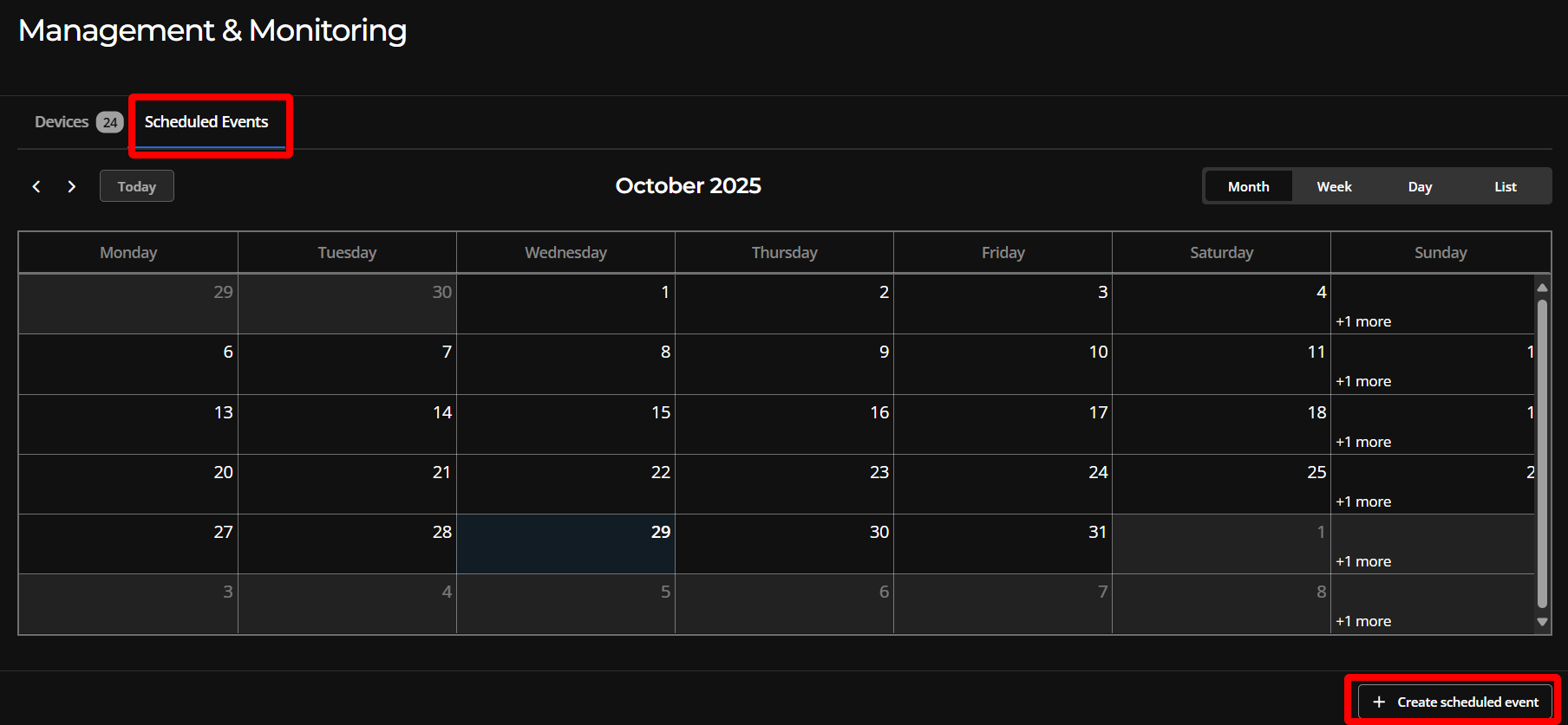 Scheduled events tab